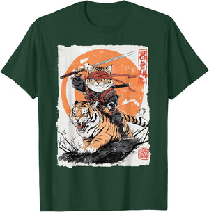 Ninja Cat Riding Tiger - Japanese Samurai Art Vintage Style Women Kids T-Shirt - T-Shirt | Forest
