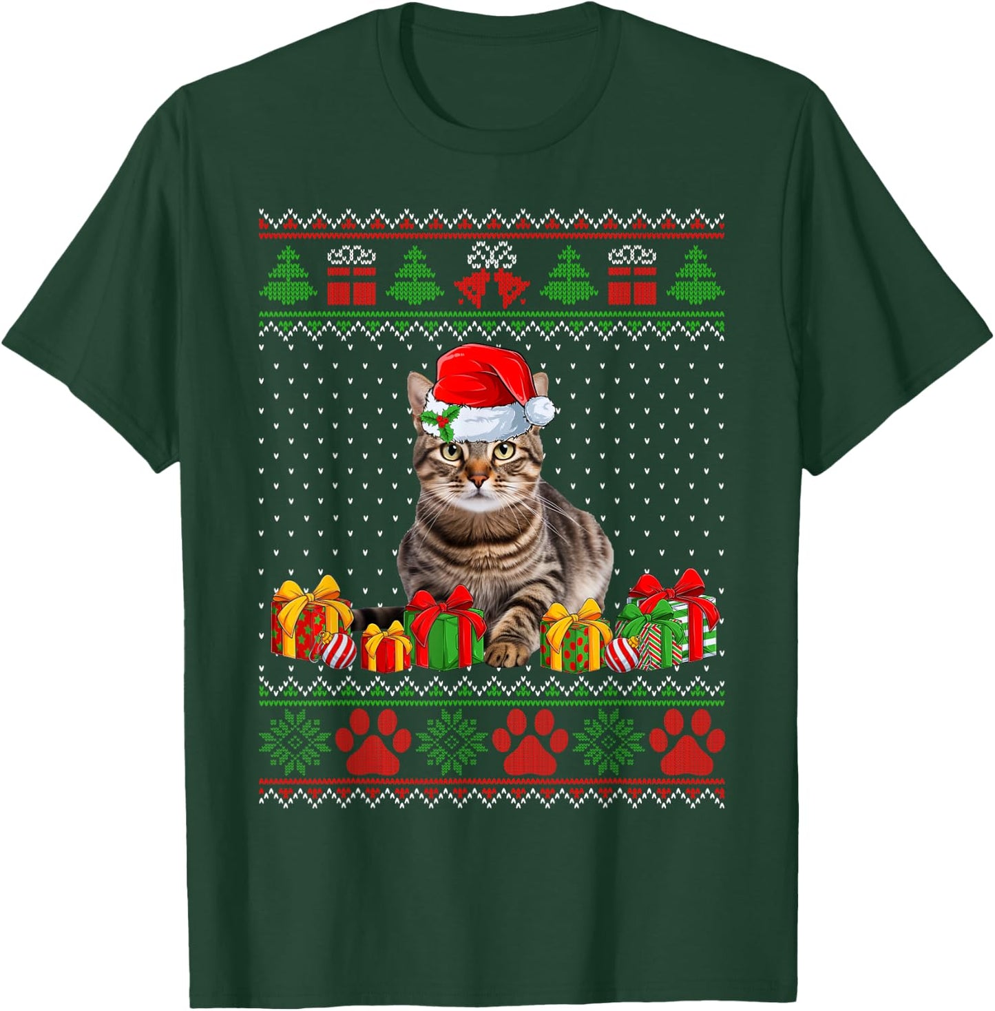 Funny Tabby Cat Santa Hat Ugly Christmas Sweater Xmas PJS Women Kids T-Shirt - T-Shirt | Forest