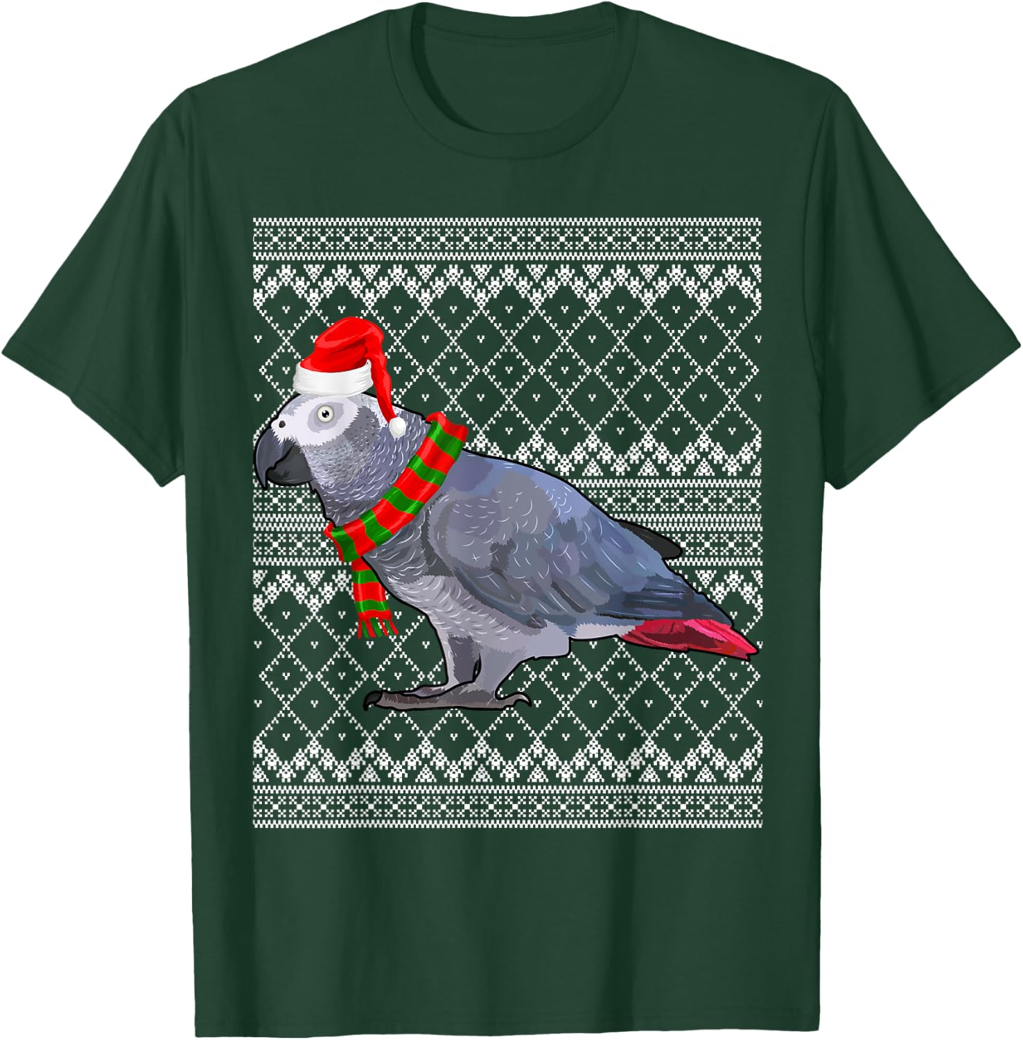 Xmas Bird Santa Hat African Grey Parrot Ugly Christmas T-Shirt - T-Shirt | Forest
