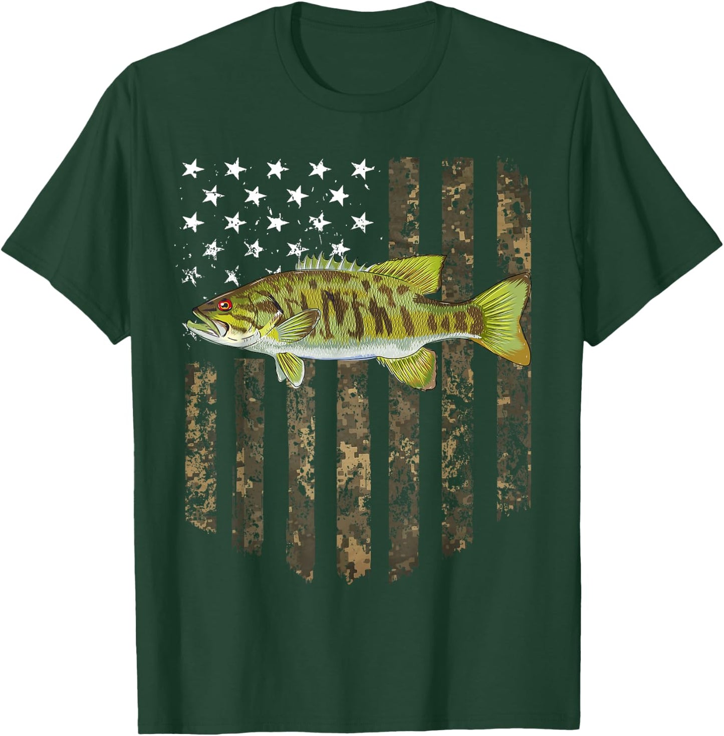 Camo American Flag Smallmouth Bass Fishing 4th Of July T-Shirt - T-Shirt | Forest