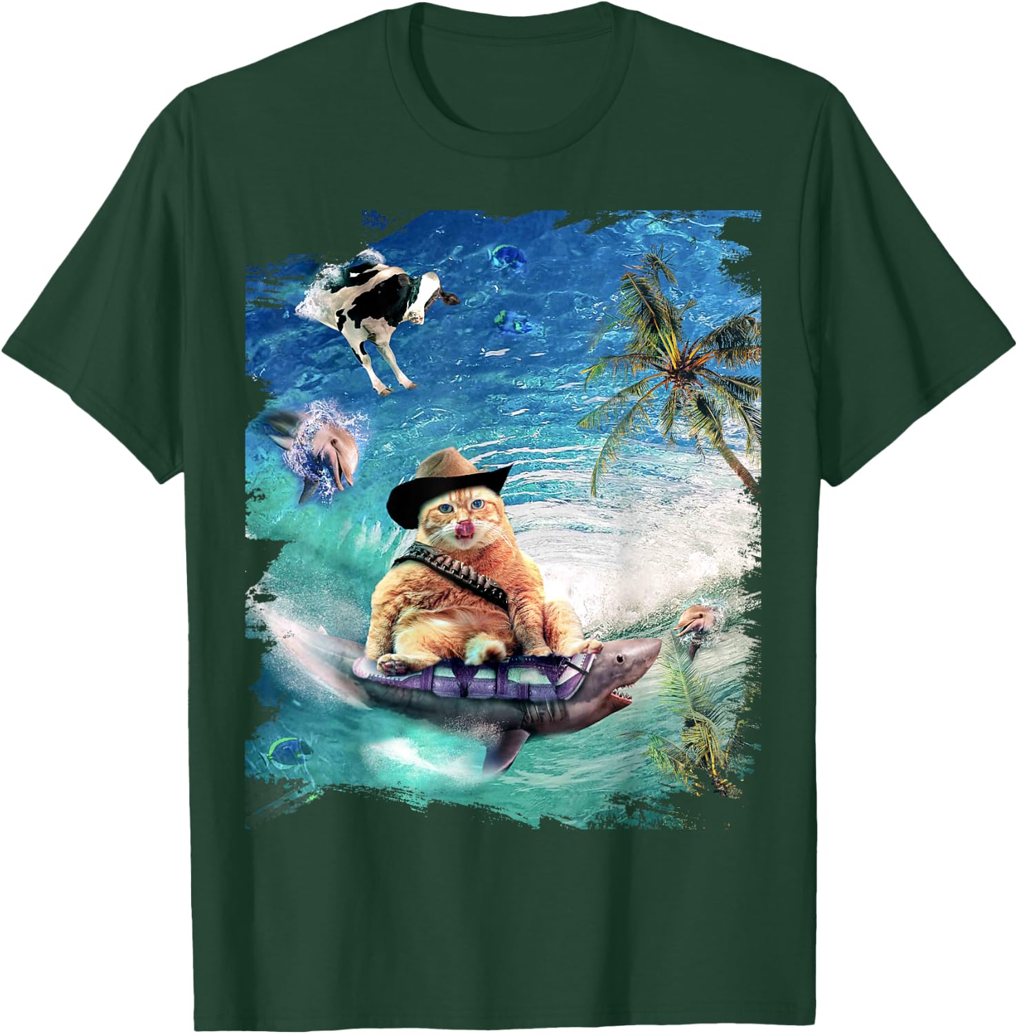 Surfing Cat Cowboy Riding Shark T-Shirt - T-Shirt | Forest