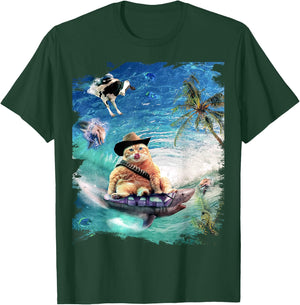 Surfing Cat Cowboy Riding Shark T-Shirt - T-Shirt | Forest