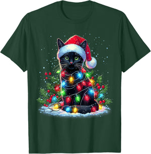 Black Cat Christmas Santa Hat Funny Meowy Cats T-Shirt - T-Shirt | Forest