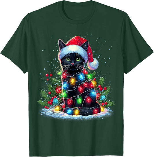 Black Cat Christmas Santa Hat Funny Meowy Cats T-Shirt - T-Shirt | Forest
