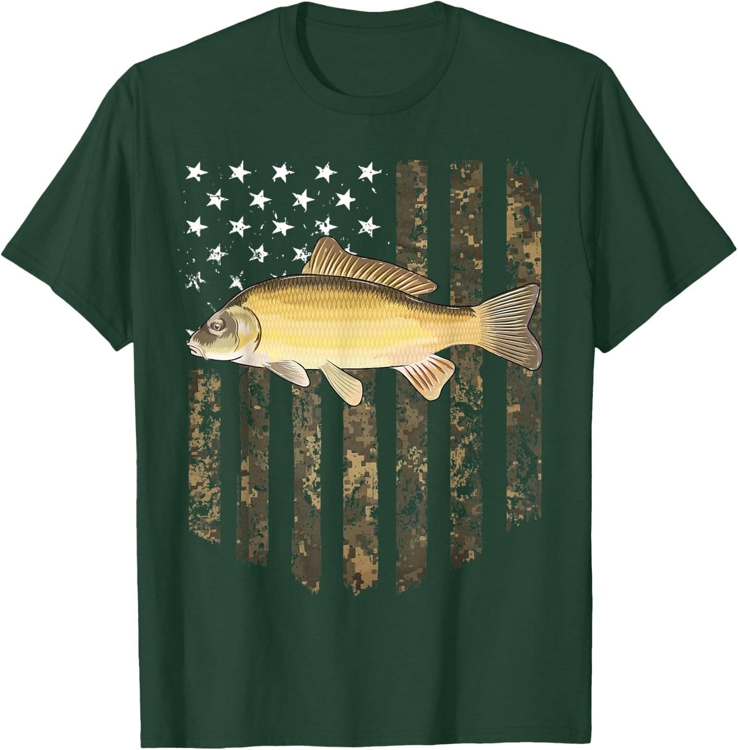 Camo American Flag Common Carp Fishing 4th Of July Women Men T-Shirt - T-Shirt | Forest
