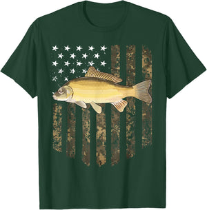 Camo American Flag Common Carp Fishing 4th Of July Women Men T-Shirt - T-Shirt | Forest