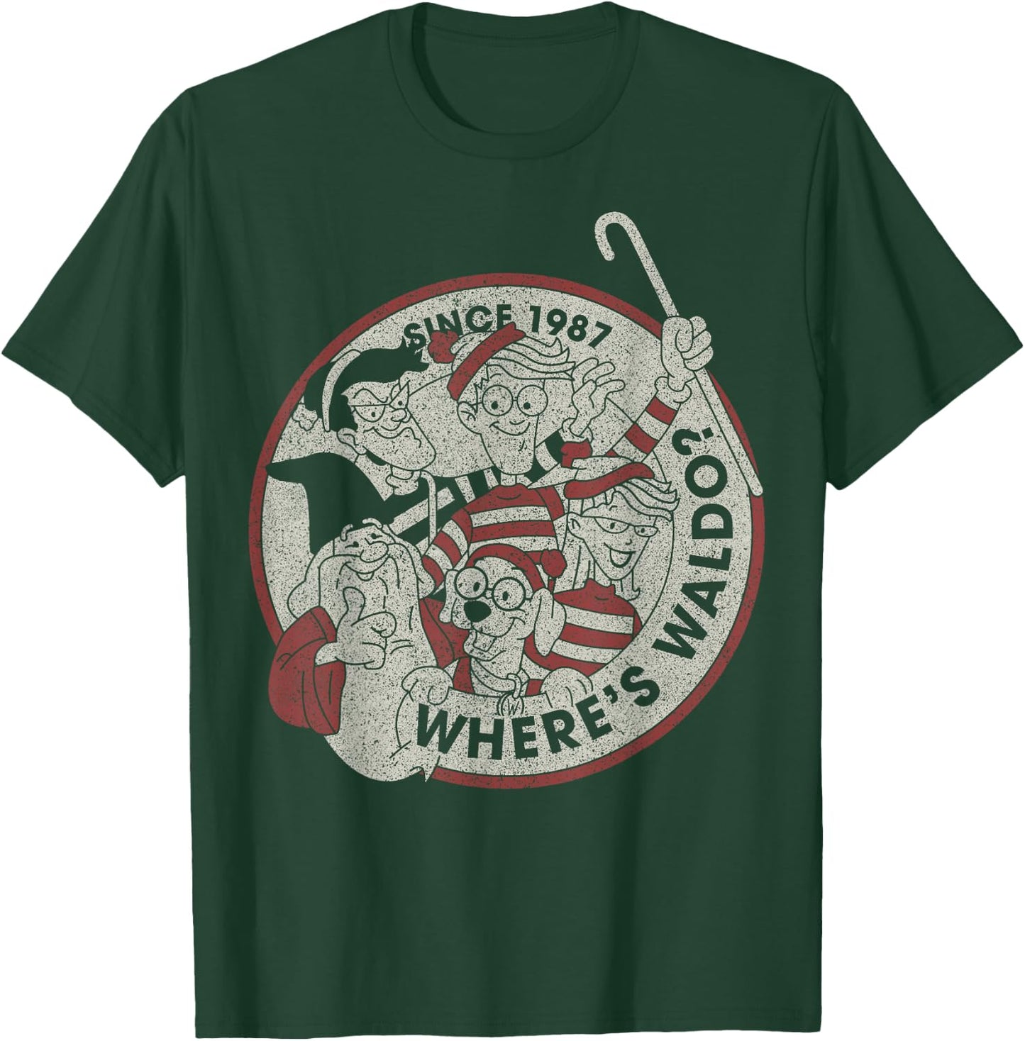 Where's Waldo Vintage 1987 Main Cast Circle Logo T-Shirt - T-Shirt | Forest