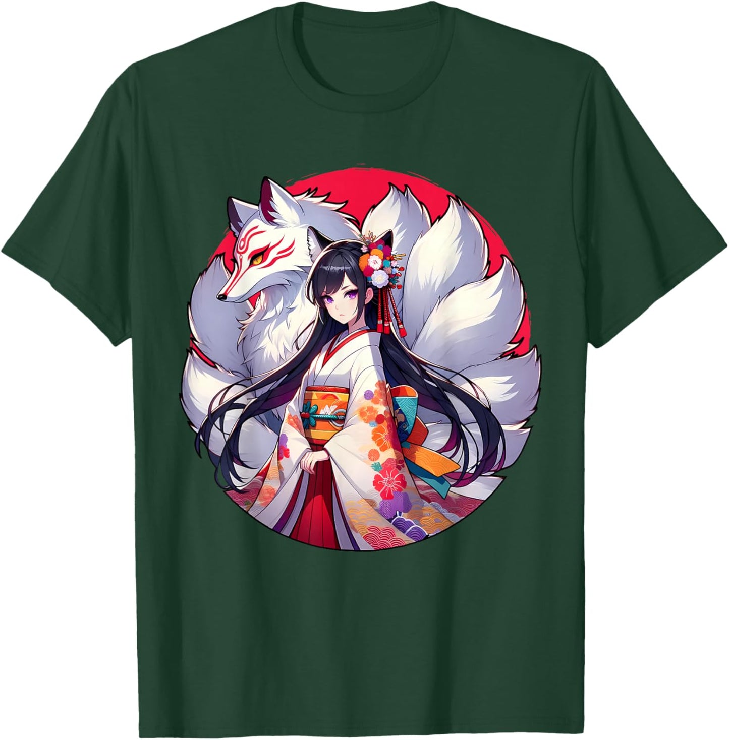 Japanese Anime Girl With Kitsune Nine Tailed Fox T-Shirt - T-Shirt | Forest