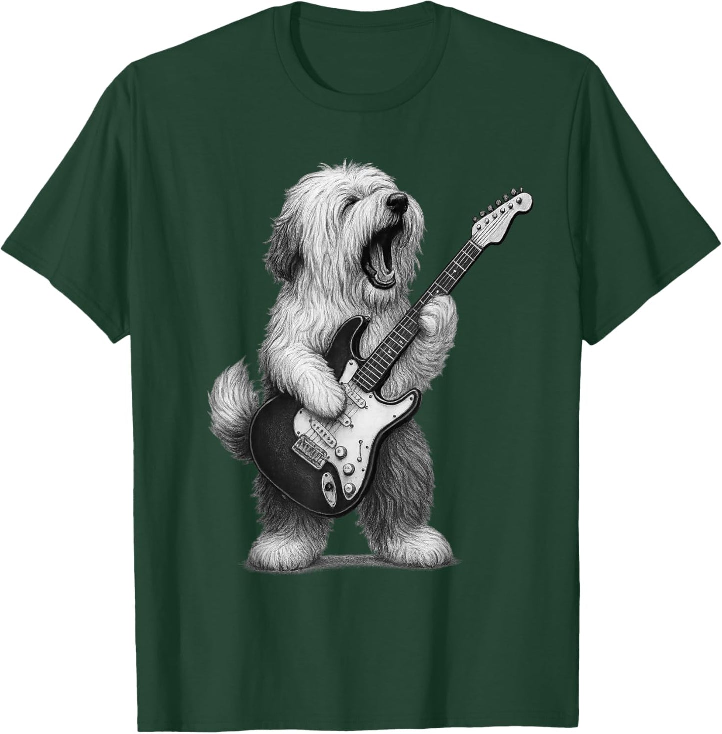Old English Sheepdog Playing Guitar Rock Music Dog Lover T-Shirt - T-Shirt | Forest