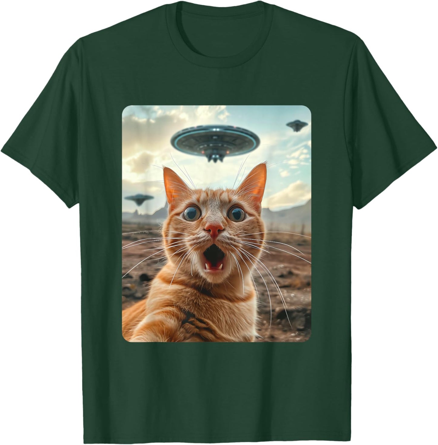 Extraterrestrial Encounter: Cat Selfie with UFO T-Shirt - T-Shirt | Forest