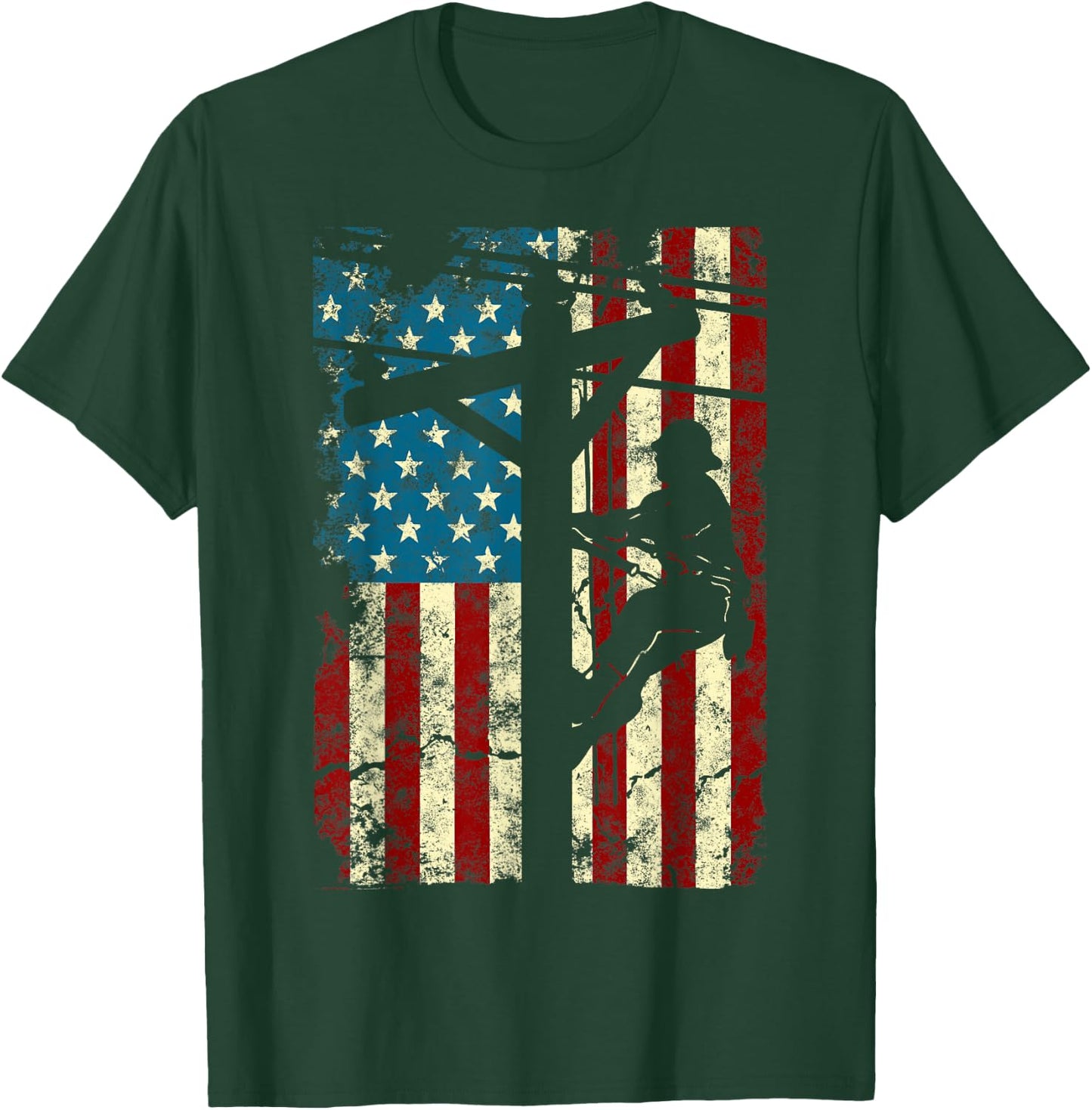 American Flag Electric Cable Lineman gift 4th of July T-Shirt - T-Shirt | Forest