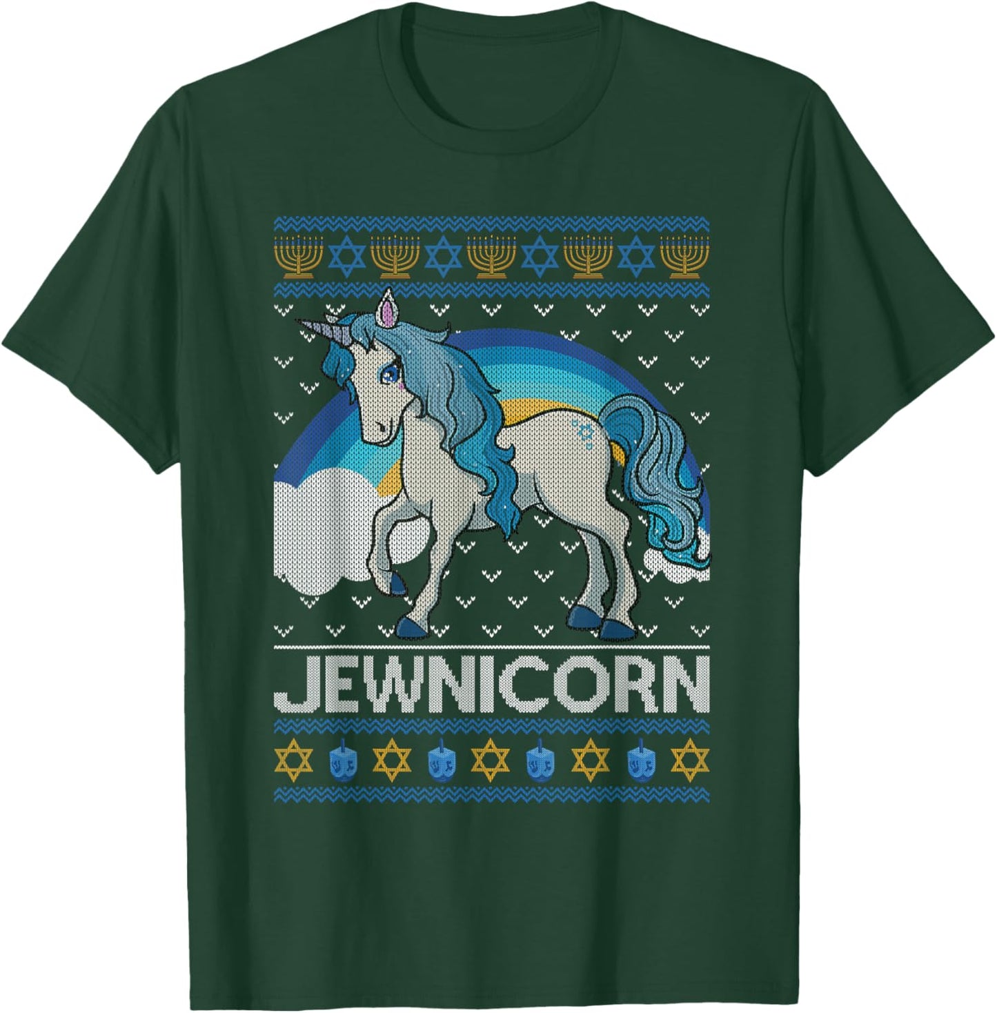 Funny Jewnicorn Jewish Unicorn Menorah Ugly Hanukkah Sweater T-Shirt - T-Shirt | Forest