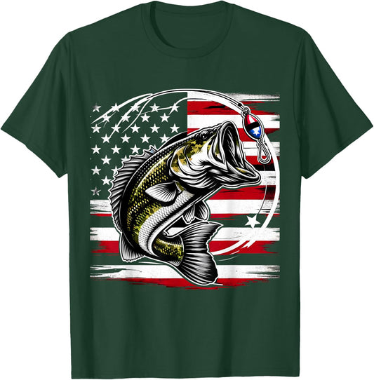 American Flag Fish Fisher Fisherman Funny Bass Fishing USA T-Shirt - T-Shirt | Forest