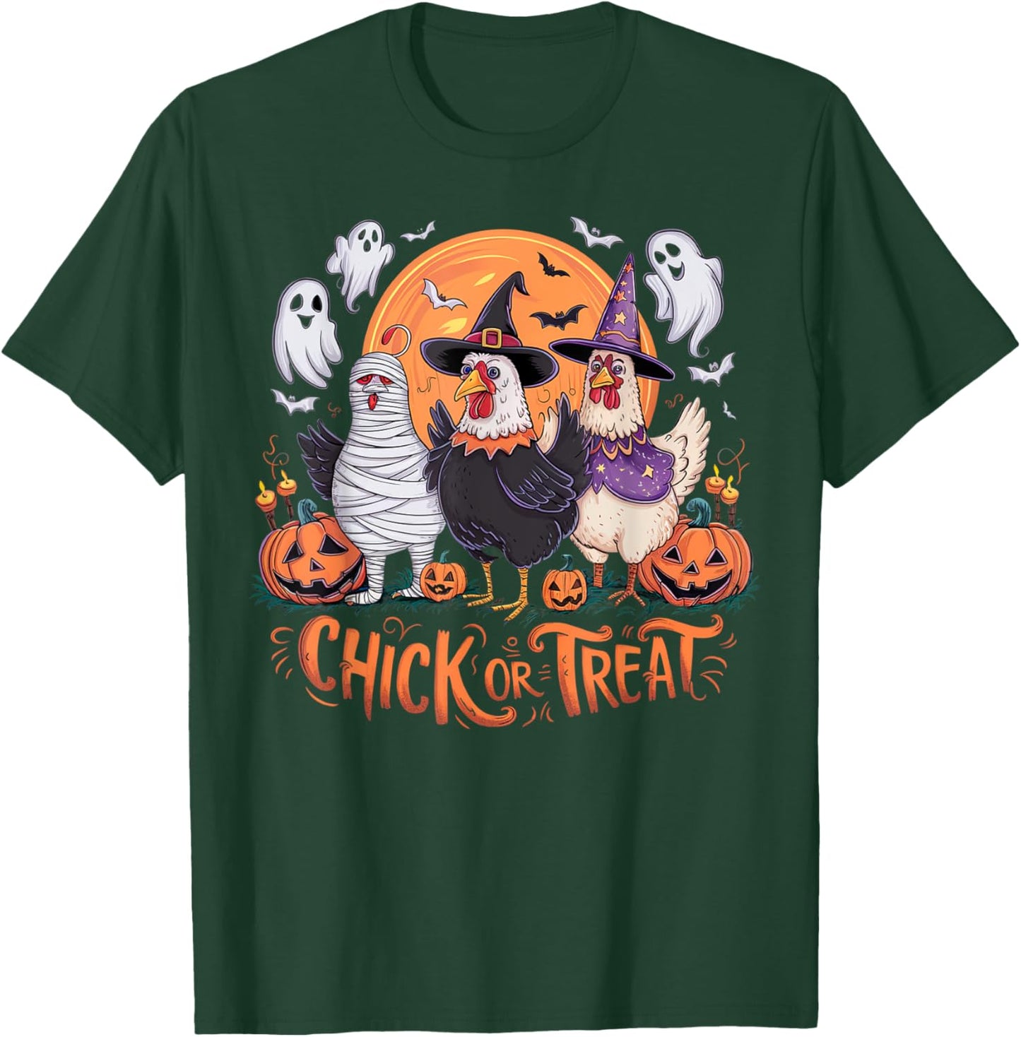 Halloween Chick Or Treat Pumpkin Spooky Witch Chicken Farmer T-Shirt - T-Shirt | Forest