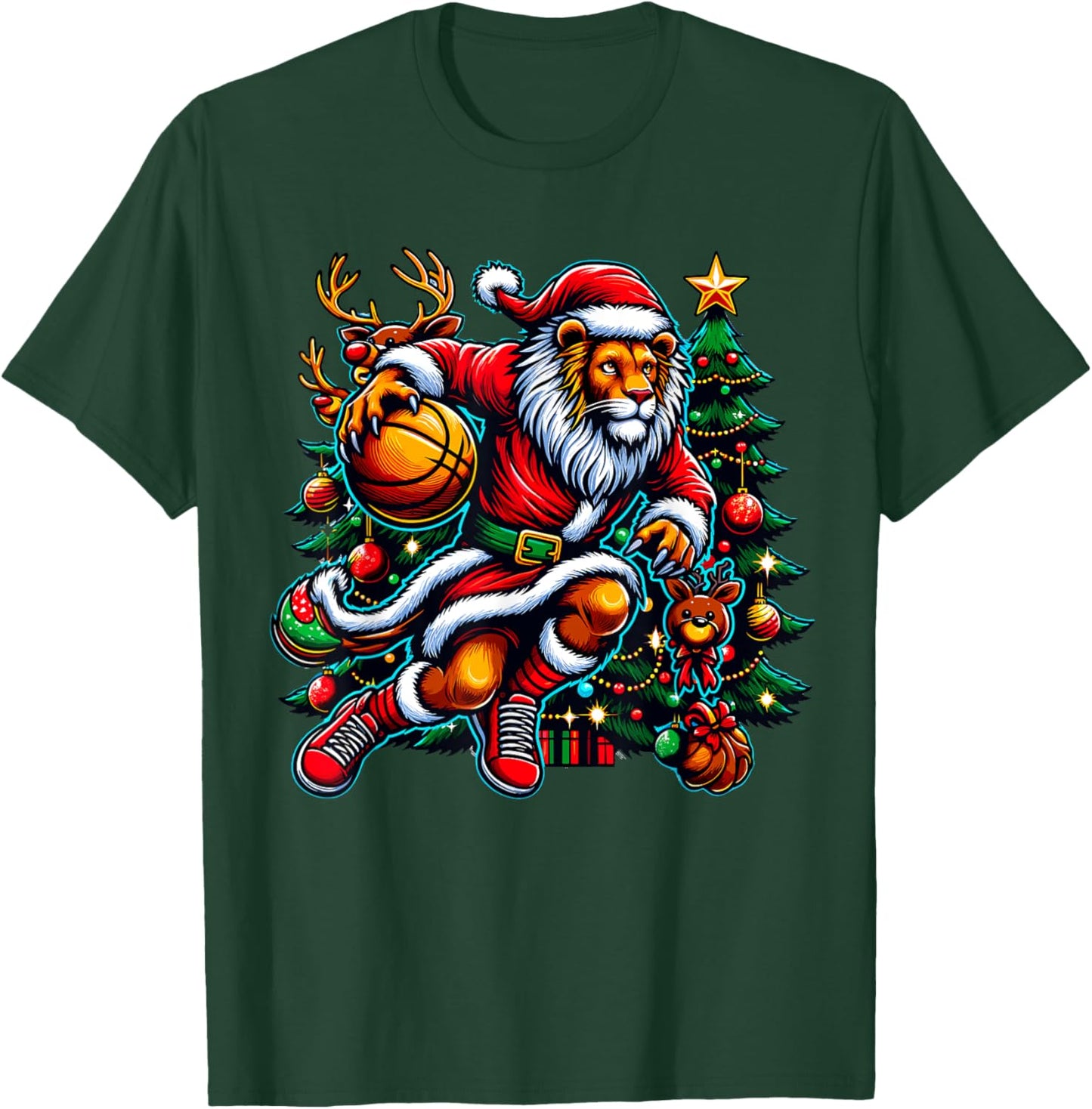 Santa Lion Play Basketball Christmas Funny T-Shirt - T-Shirt | Forest