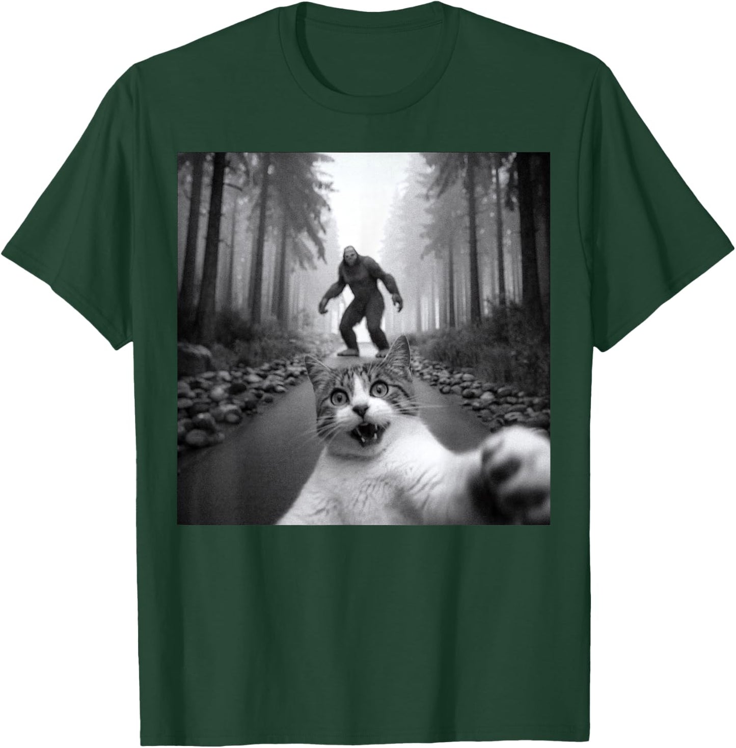 Funny Surprised Scared Cat Selfie With Sasquatch Bigfoot T-Shirt - T-Shirt | Forest
