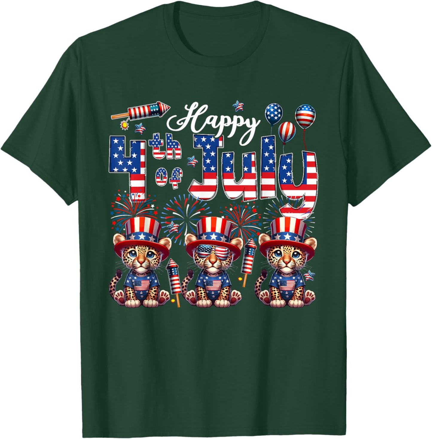 Happy 4th Of July Three Cute Leopards Sunglasses Flag Proud T-Shirt - T-Shirt | Forest