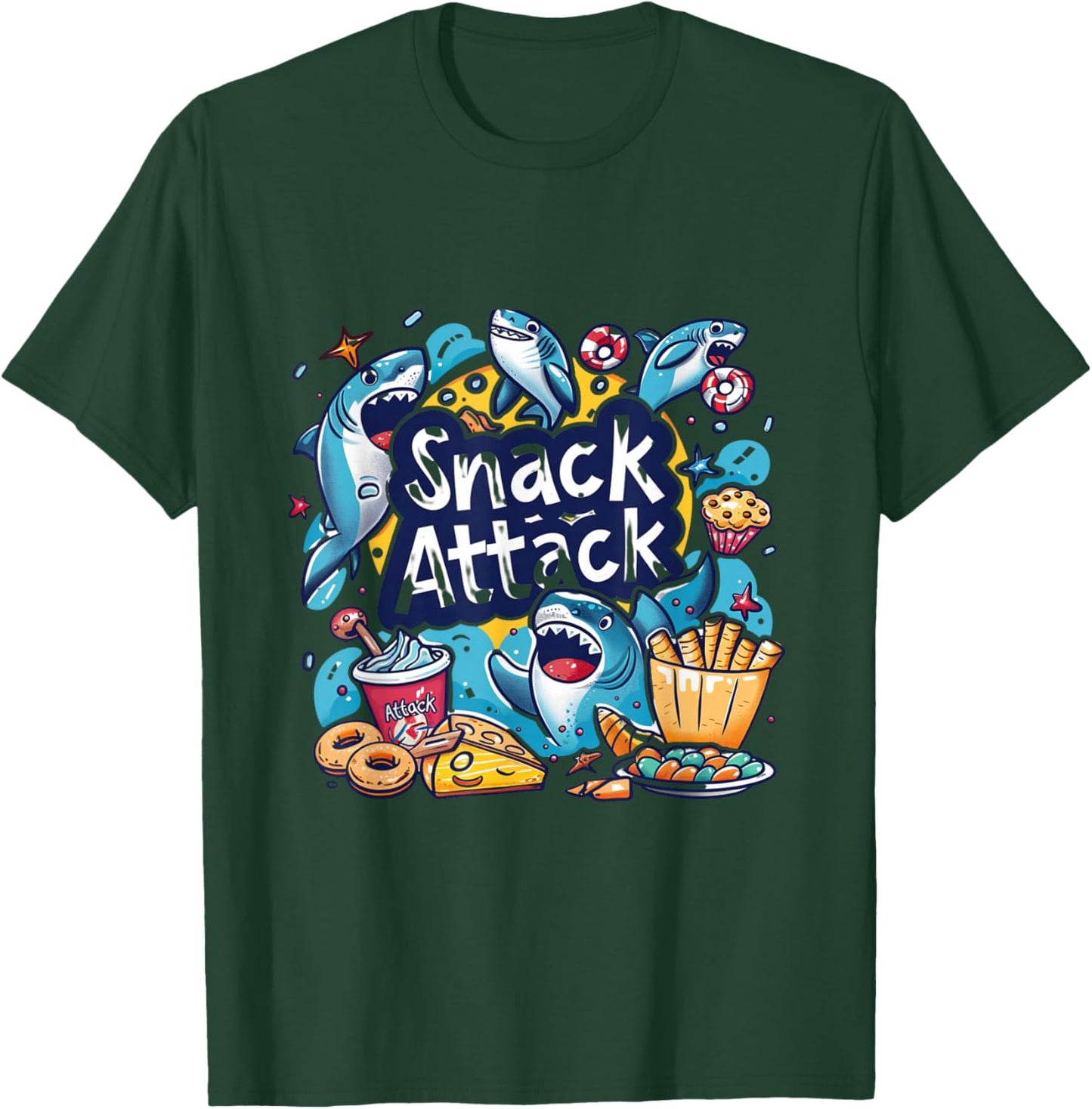 Snack Attack Funny Food Foodie Munchies Children Kids Shark T-Shirt - T-Shirt | Forest