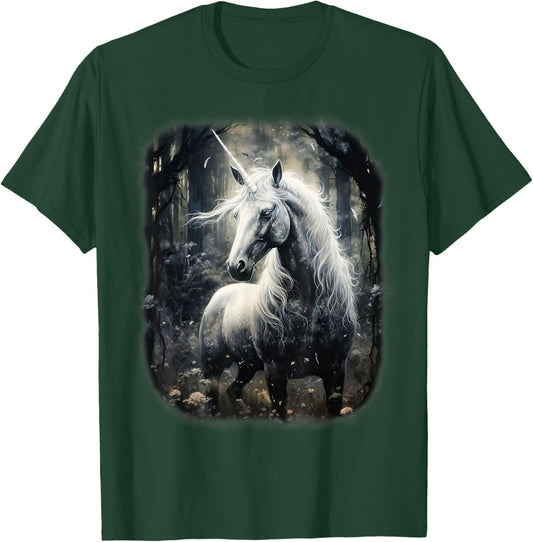 Fantasy white Unicorn standing in a Forest T-Shirt - T-Shirt | Forest