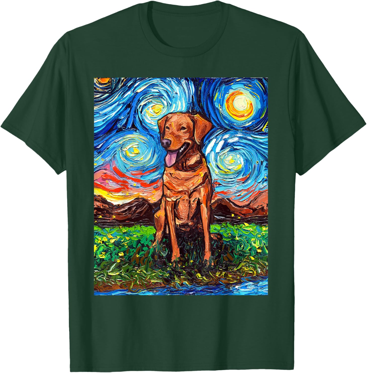 Fox Red Labrador Starry Night Dog Official Art by Aja Men Women Kids T-Shirt - T-Shirt | Forest