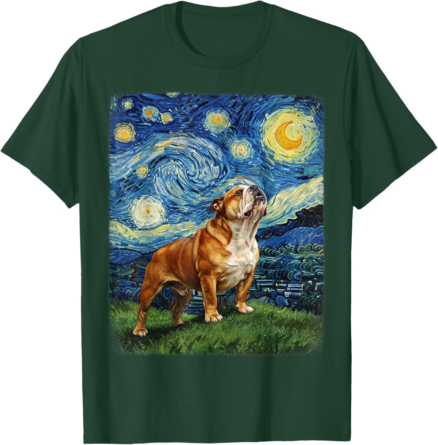 Bulldog Howling At Moon Starry Night Van Gogh Funny T-Shirt - T-Shirt | Forest
