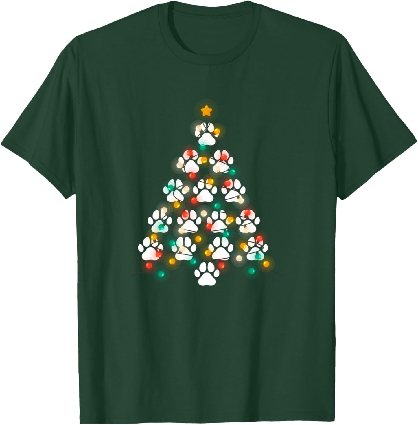 Dog Paw Print Puppy Christmas Tree Lights Cool X-Mas Dogs T-Shirt - T-Shirt | Forest