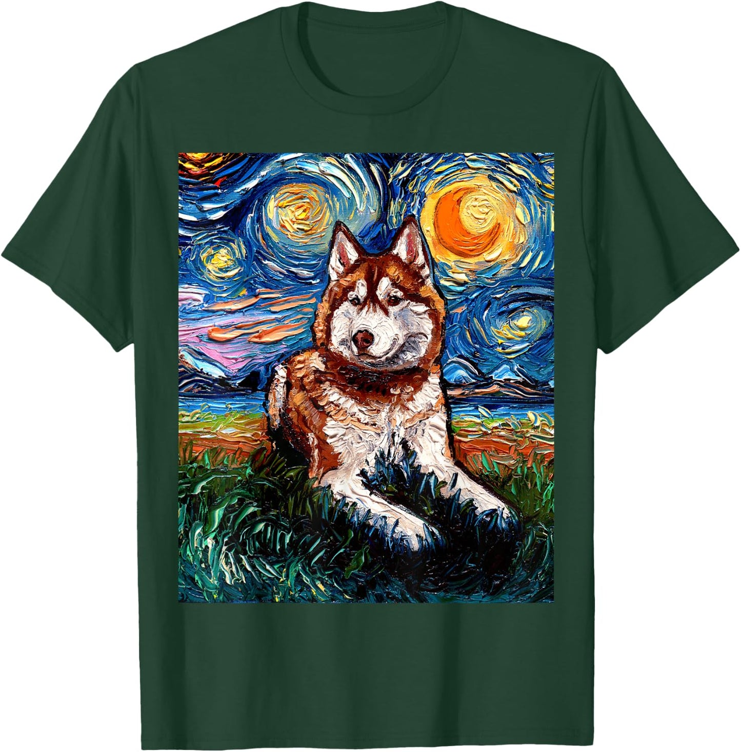 Red Siberian Husky Starry Night Alaskan Malamute Dog Artwork T-Shirt - T-Shirt | Forest