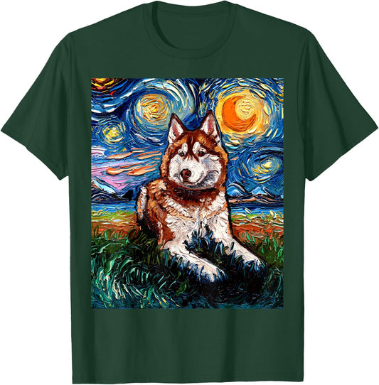 Red Siberian Husky Starry Night Alaskan Malamute Dog Artwork T-Shirt - T-Shirt | Forest