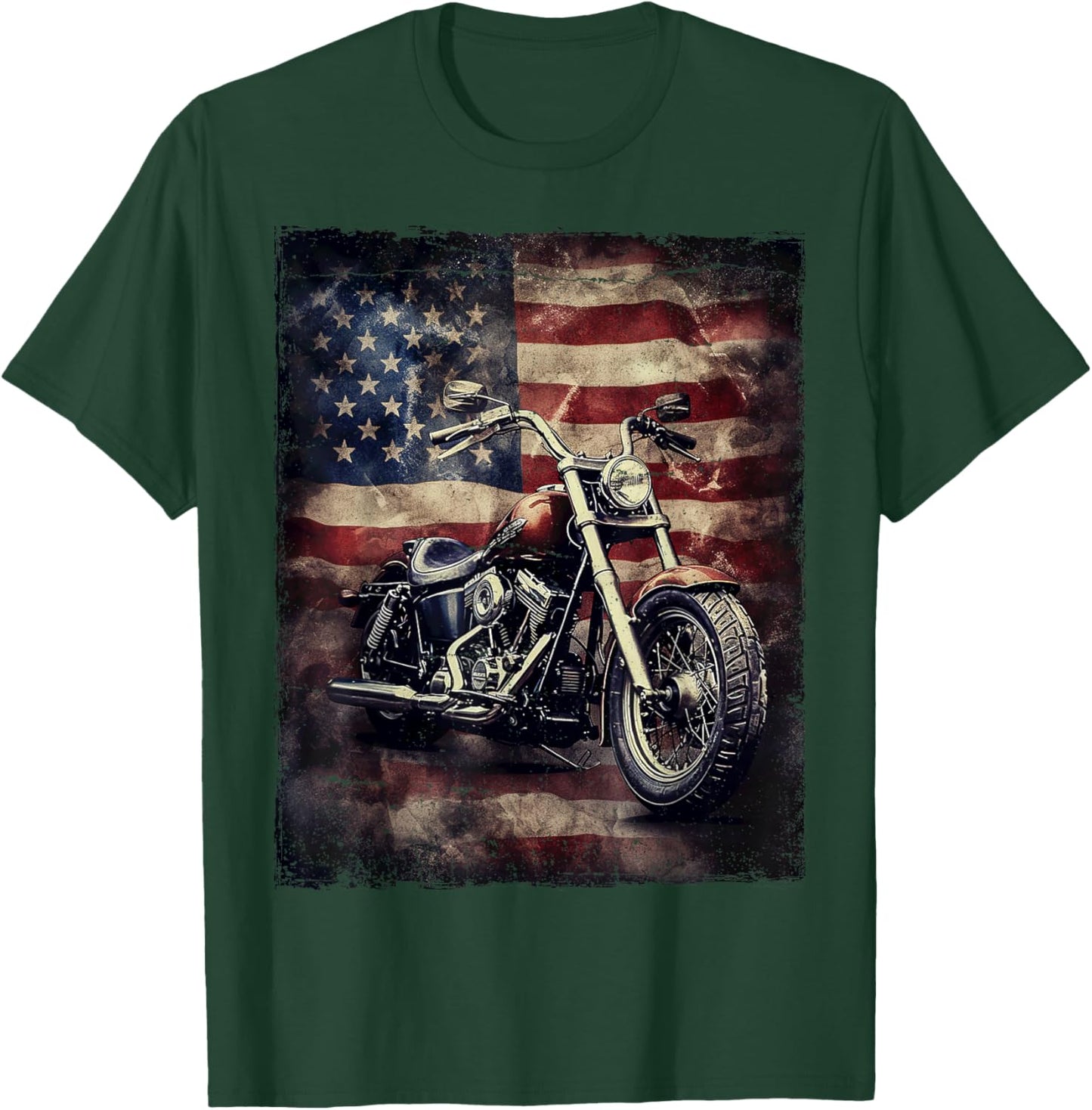 Vintage Motorcycle USA Flag Retro Biker American T-Shirt - T-Shirt | Forest