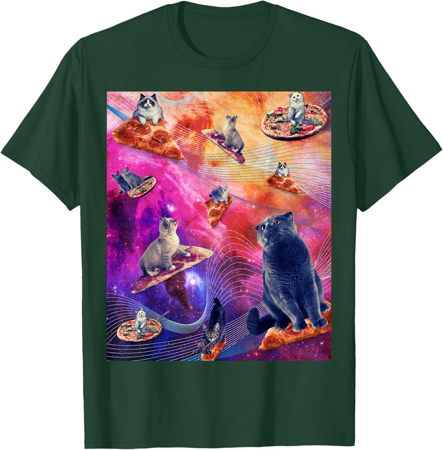 Galaxy Space Pizza Cat - Cat In Space Eating Pizza Men Women T-Shirt - T-Shirt | Forest