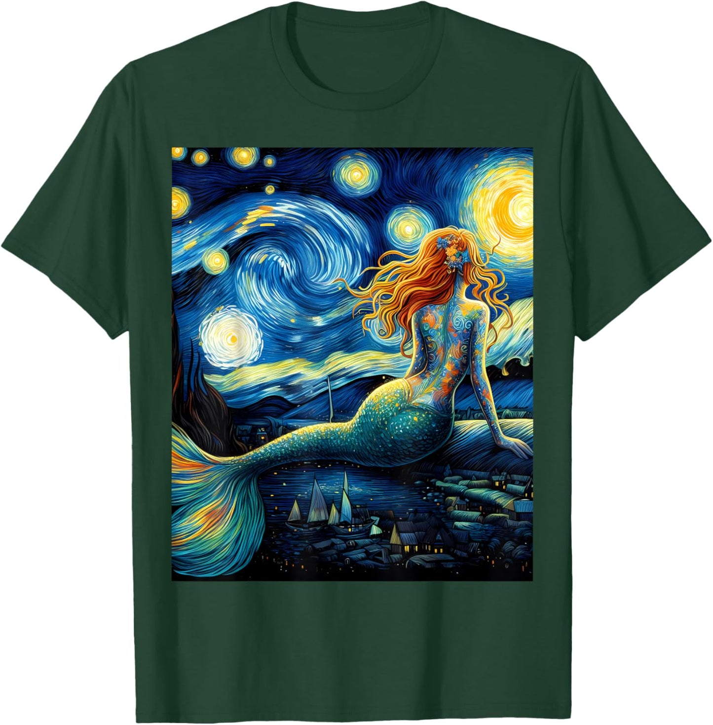 Mermaid Under Starry Night Sky Art Graphic Christmas T-Shirt - T-Shirt | Forest