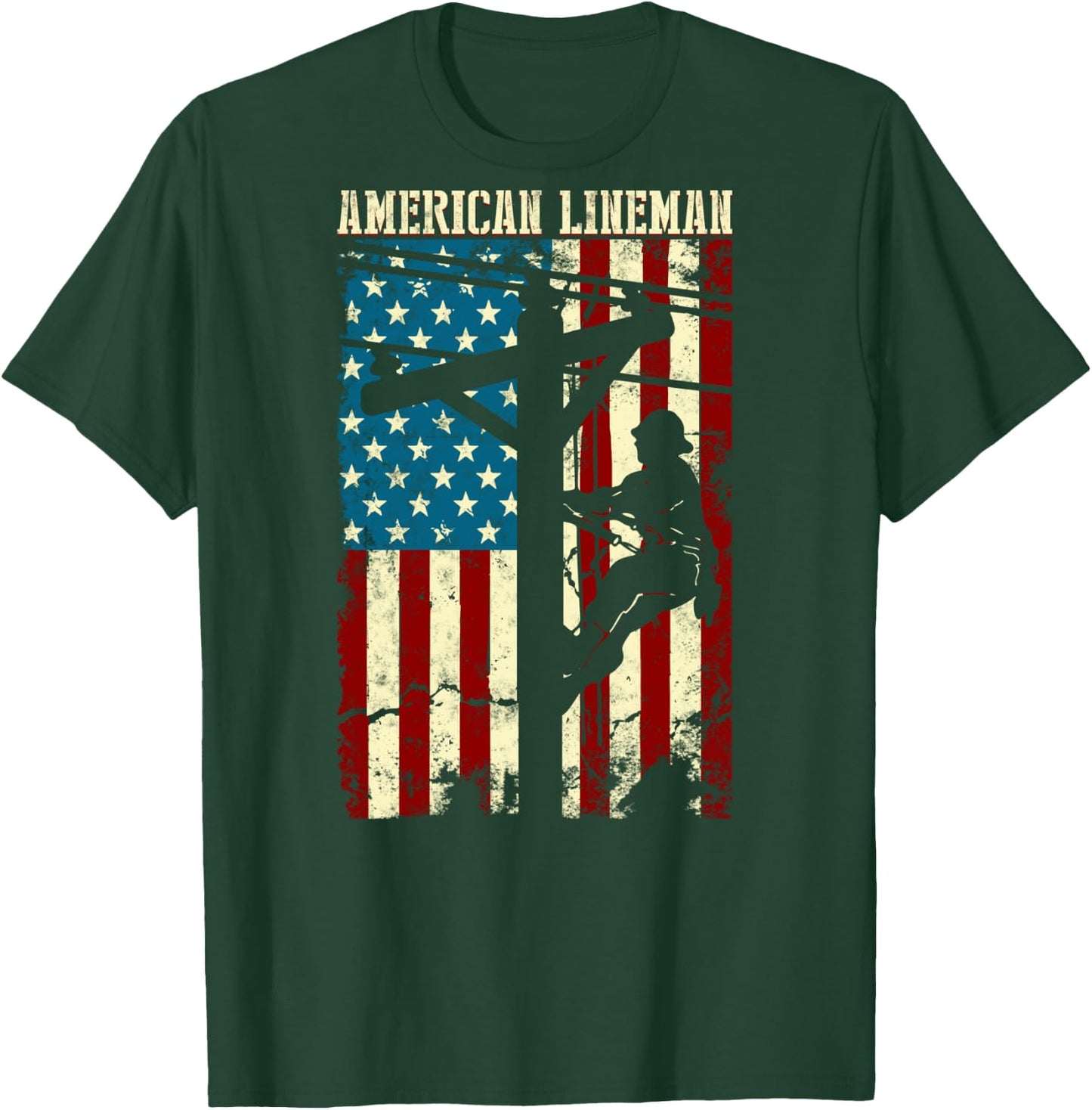 Lineman American flag Electric Cable gift Patriotic Lineman T-Shirt - T-Shirt | Forest