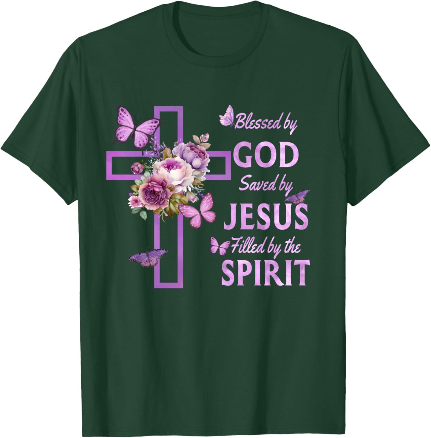 Blessed by God Saved by Jesus Purple Floral Cross Christian T-Shirt - T-Shirt | Forest