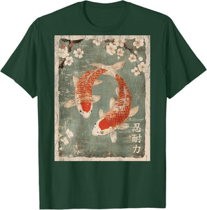 Koi fish and Cherry Blossom tree Japanese Woodblock art BACK T-Shirt - T-Shirt | Forest