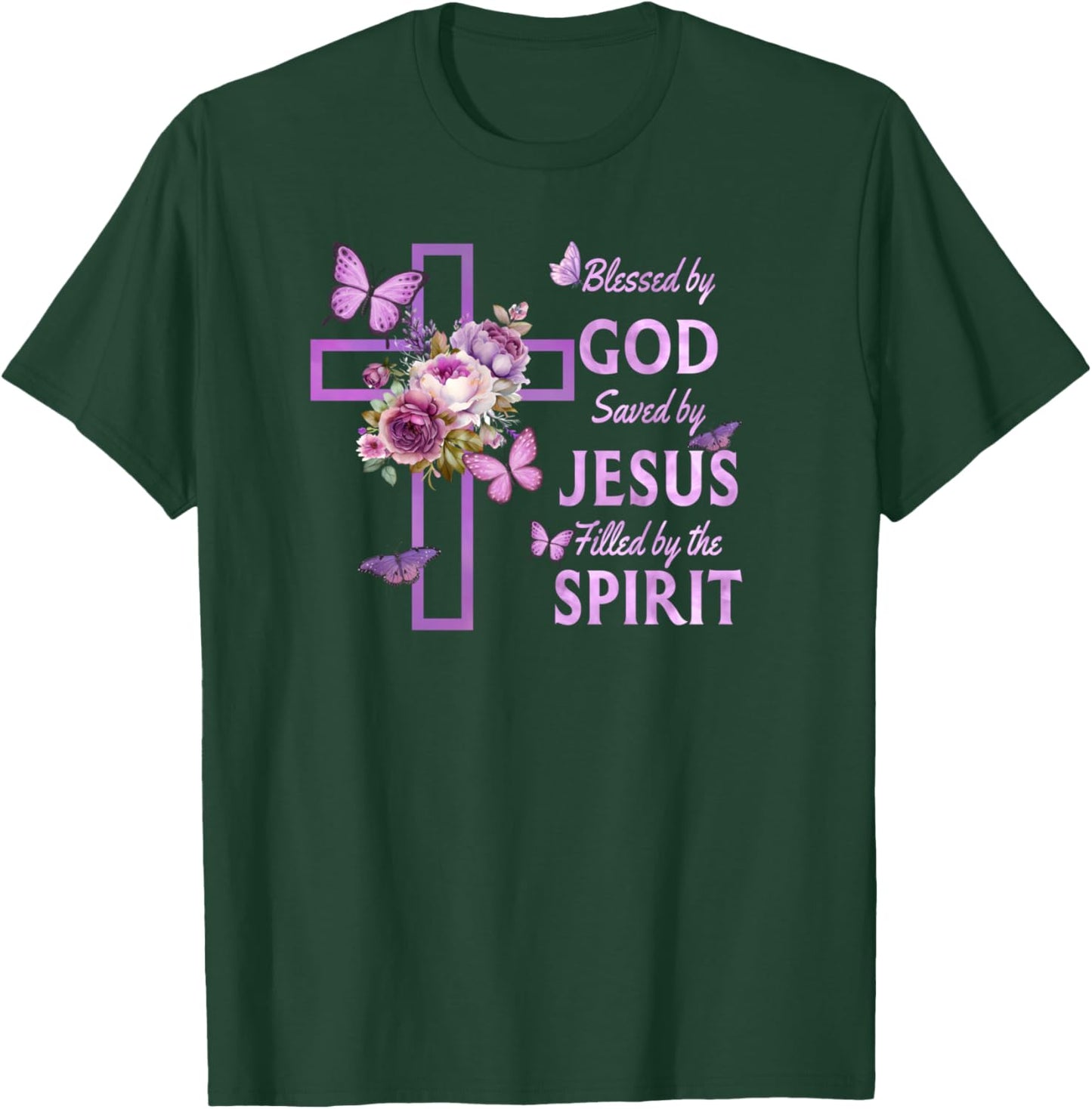 Blessed by God Saved by Jesus Purple Floral Cross Christian T-Shirt - T-Shirt | Forest