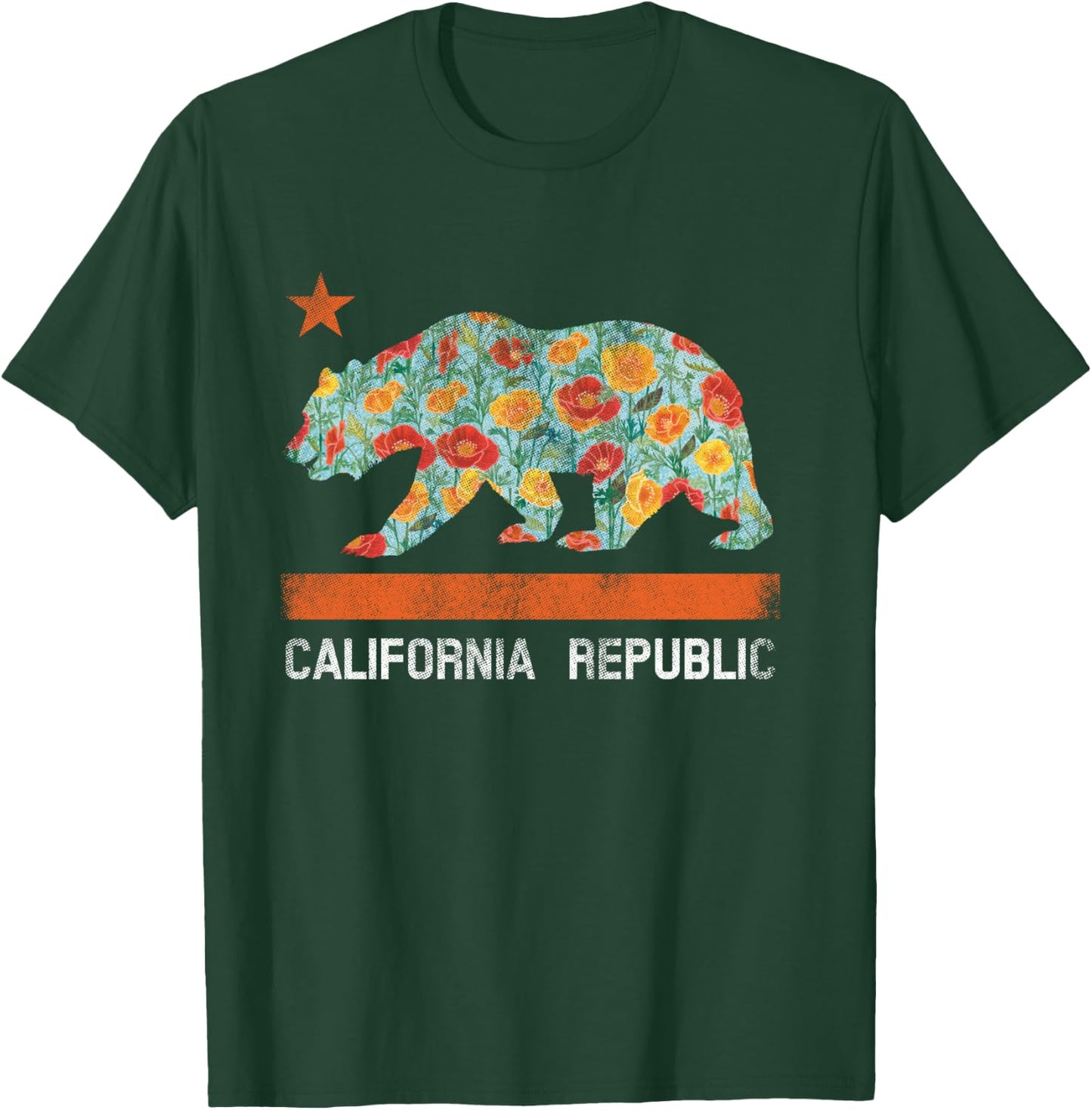 California Republic State Bear Star Poppy Flower LA Cali T-Shirt - T-Shirt | Forest