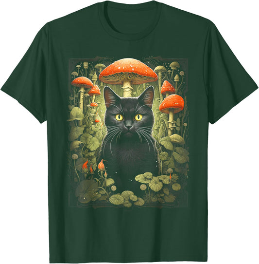 Mushroom Cat Cottagecore Aesthetic Goth Art Emo Mycologist Women Kids T-Shirt - T-Shirt | Forest