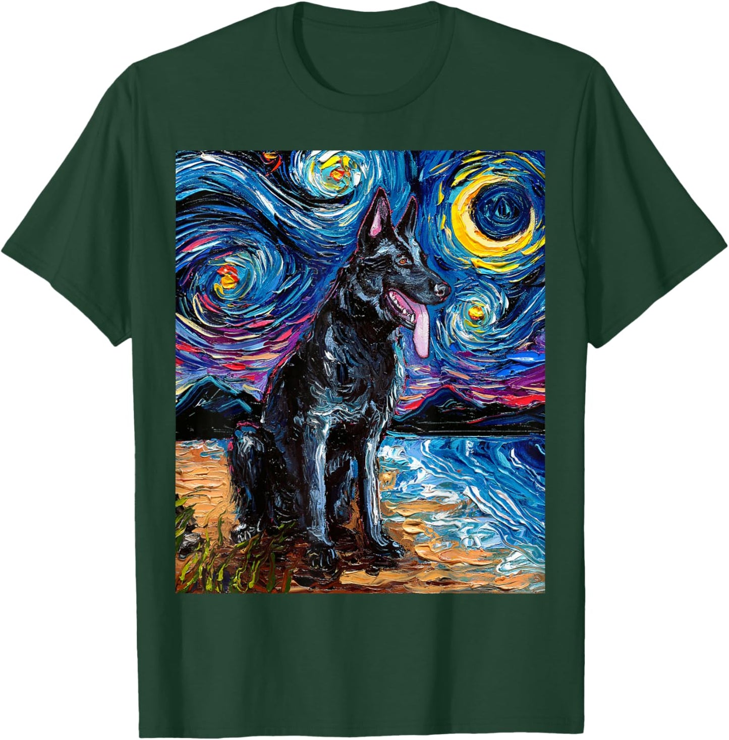 Black German Shepherd Starry Night Dog and Moon GSD Artwork T-Shirt - T-Shirt | Forest