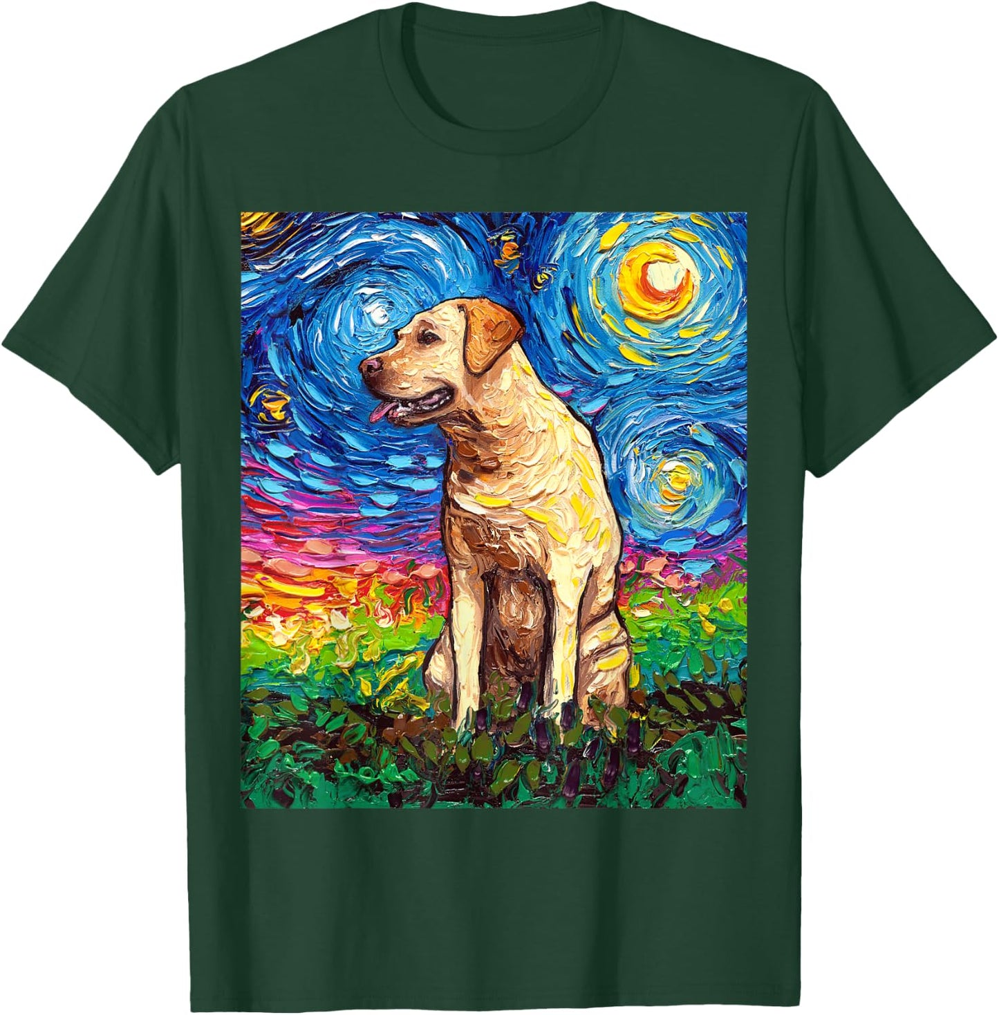 Yellow Labrador Profile Starry Night Blonde Lab Dog Artwork T-Shirt - T-Shirt | Forest