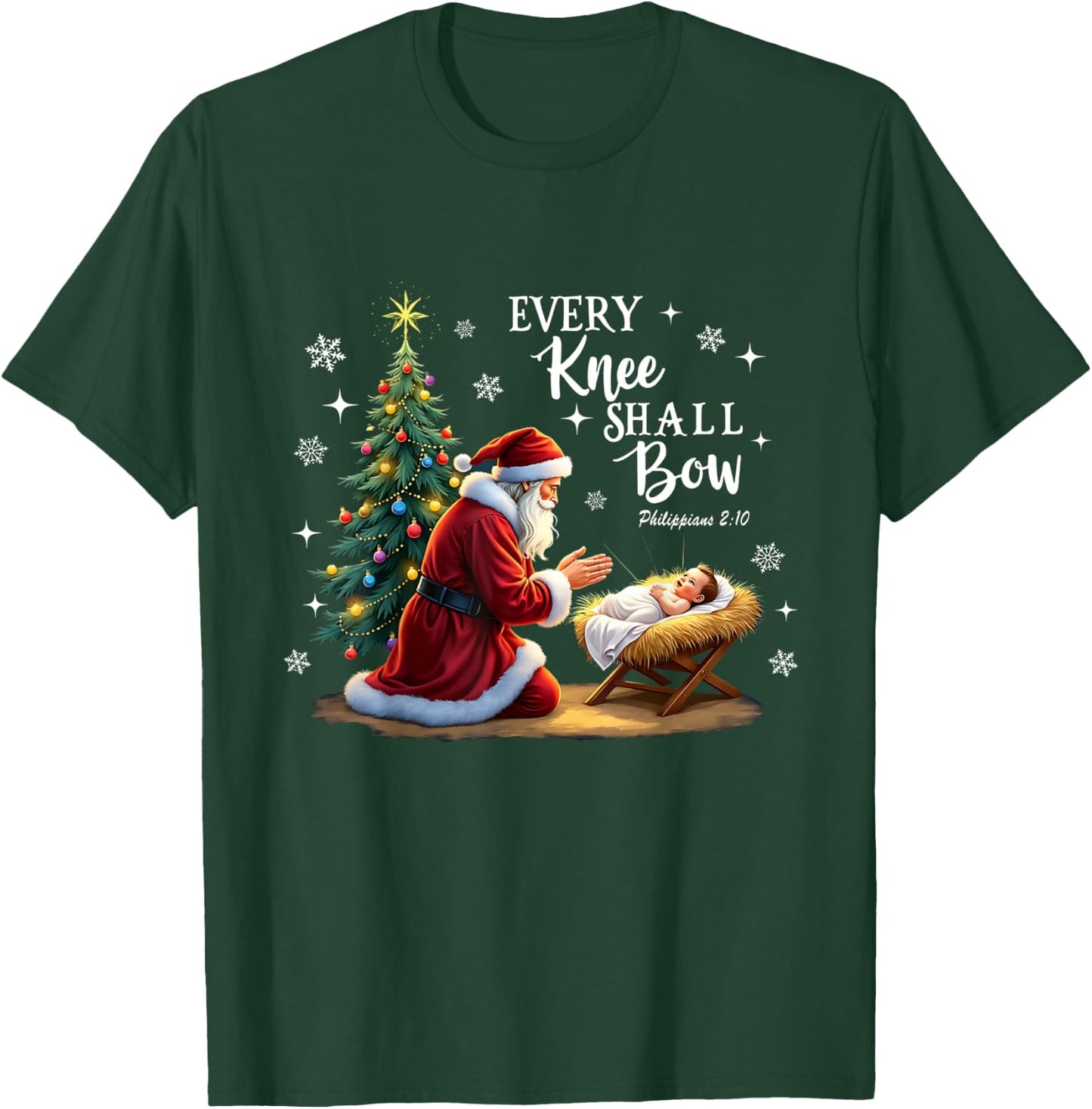 Every Knee Shall Bow, Manger Scene, Kneeling Santa Christmas T-Shirt - T-Shirt | Forest