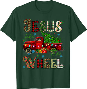 Jesus Take The Wheel Red Truck Christmas Tree Christian T-Shirt - T-Shirt | Forest