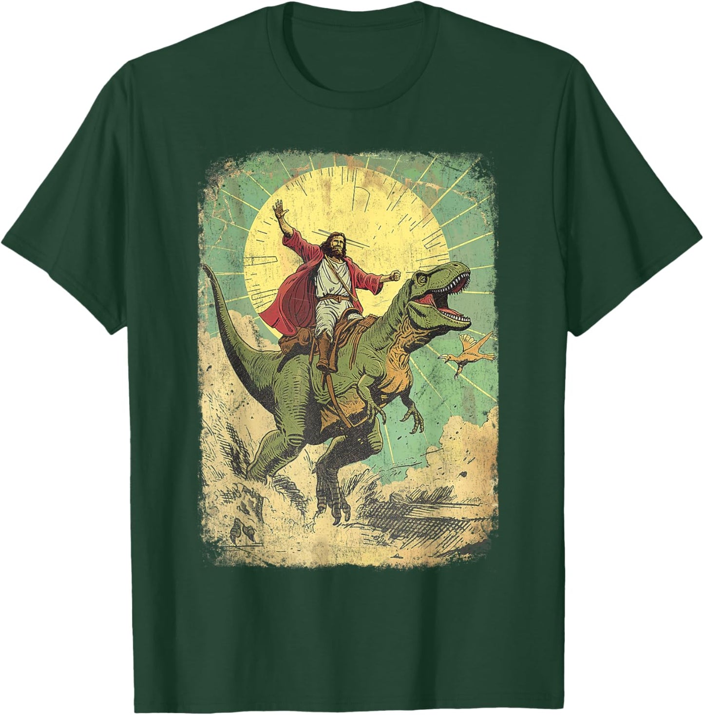 Jesus riding dinosaur Funny Christian retro dino raptor T-Shirt - T-Shirt | Forest