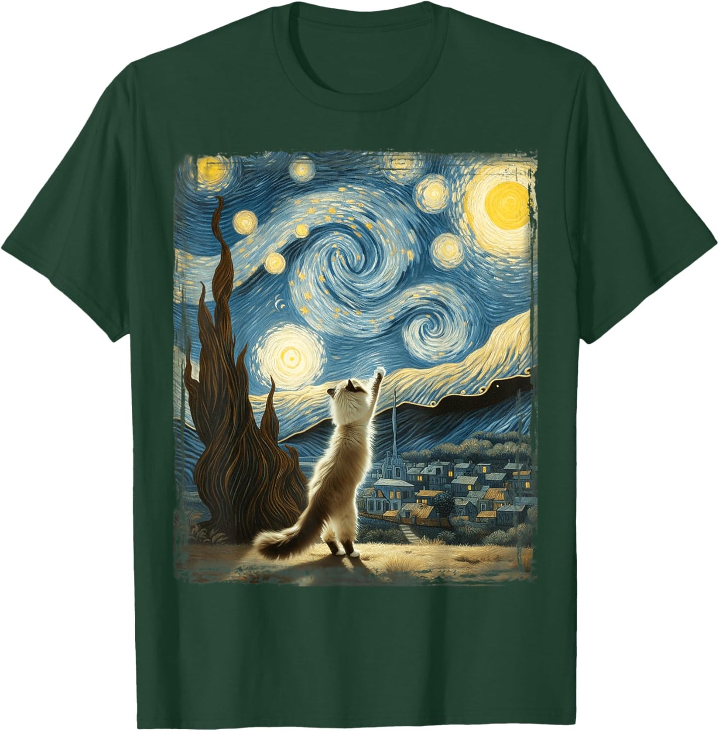 Van Gogh Starry Night Reaching Moon Artistic Pet Ragdoll Cat T-Shirt - T-Shirt | Forest