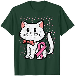 Pink Ribbon Cat Breast Cancer Awareness Women Girls Kids T-Shirt - T-Shirt | Forest