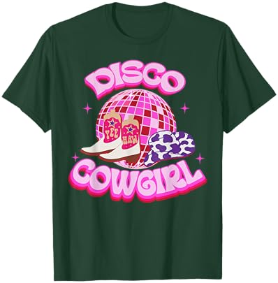 Western Cowgirl Yeehaw Pink Disco Ball Cowboy Boots & Hat T-Shirt - T-Shirt | Forest