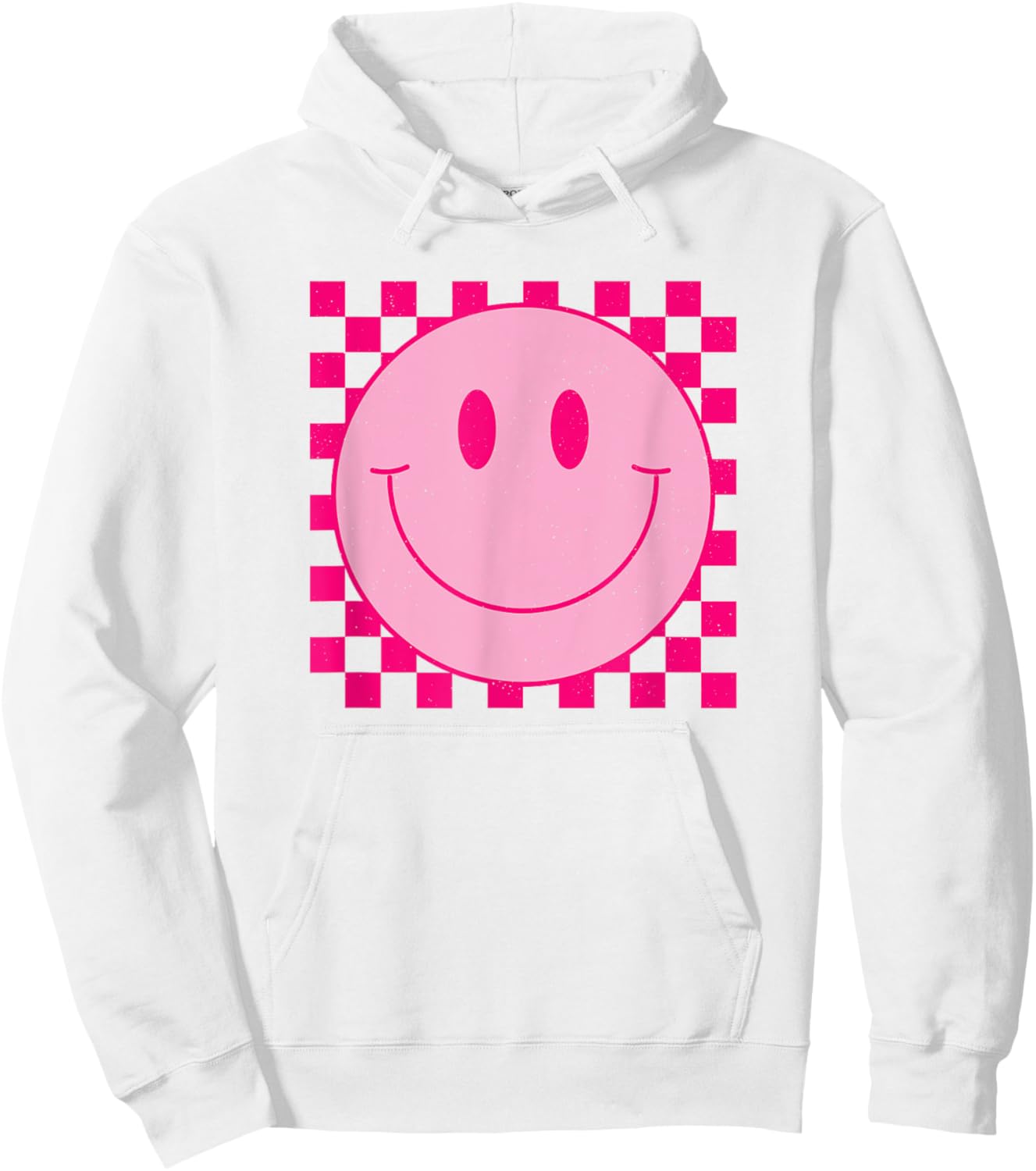 Vintage Pink Smile Face Cute Checkered Smiling Happy Face Hoodie - Hoodie | White