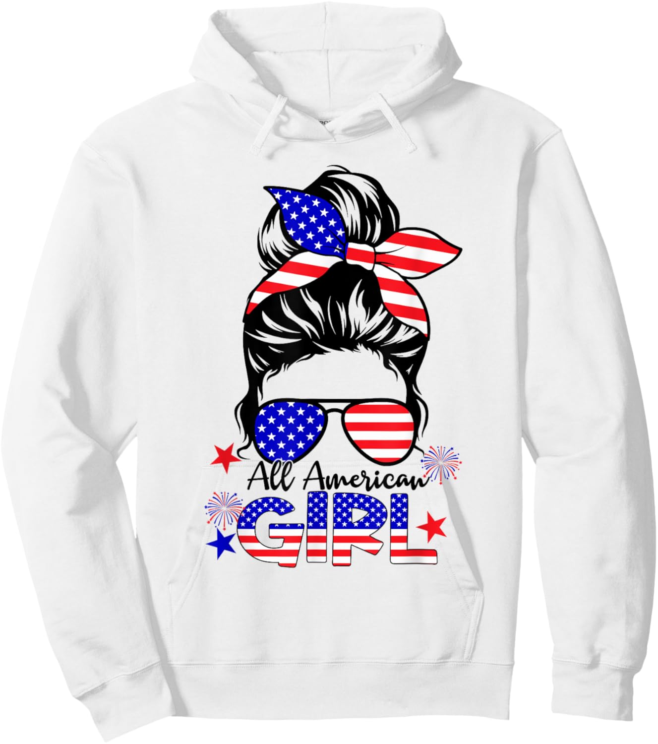 4th of July All American Girls Messy Bun Hoodie - Hoodie | White