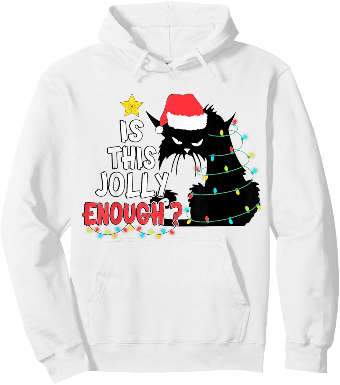 Is This Jolly Enough Black Cat Merry Christmas Tree Lights Hoodie - Hoodie | White