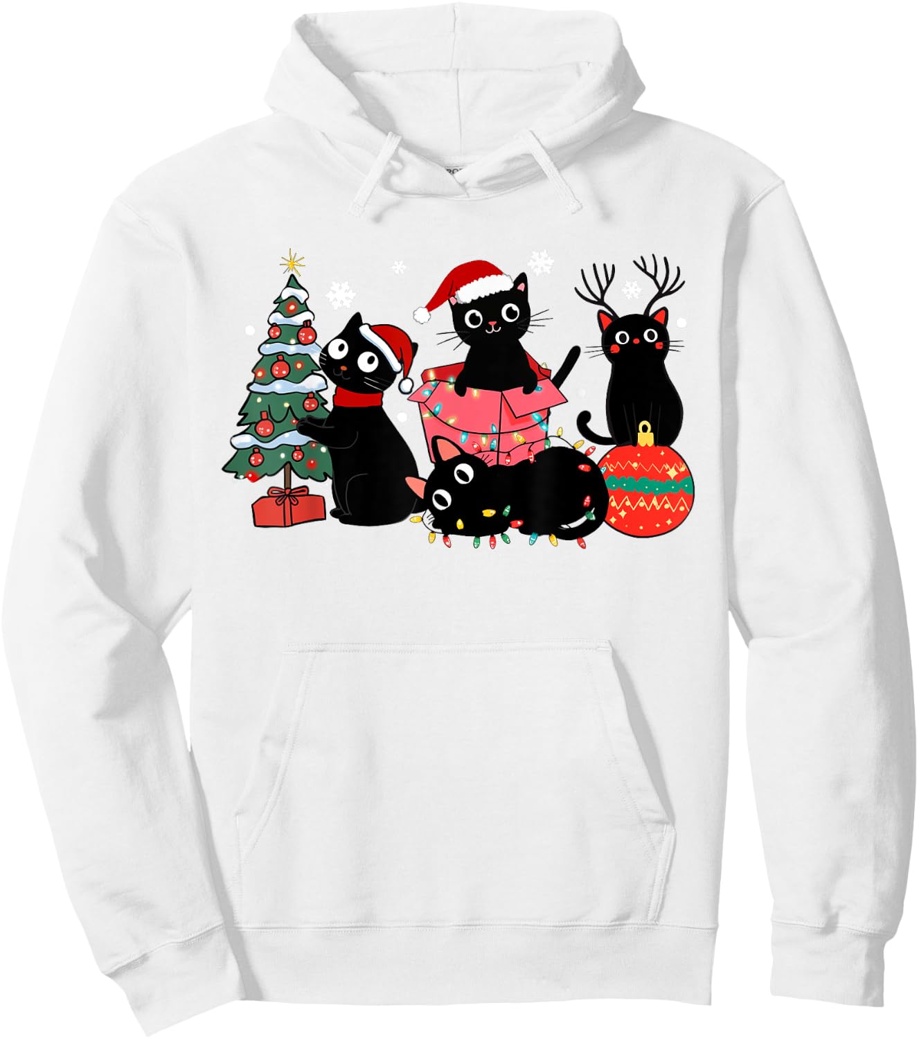 Meowy Christmas Black Cats Play Christmas Tree Lights Cats Hoodie - Hoodie | White