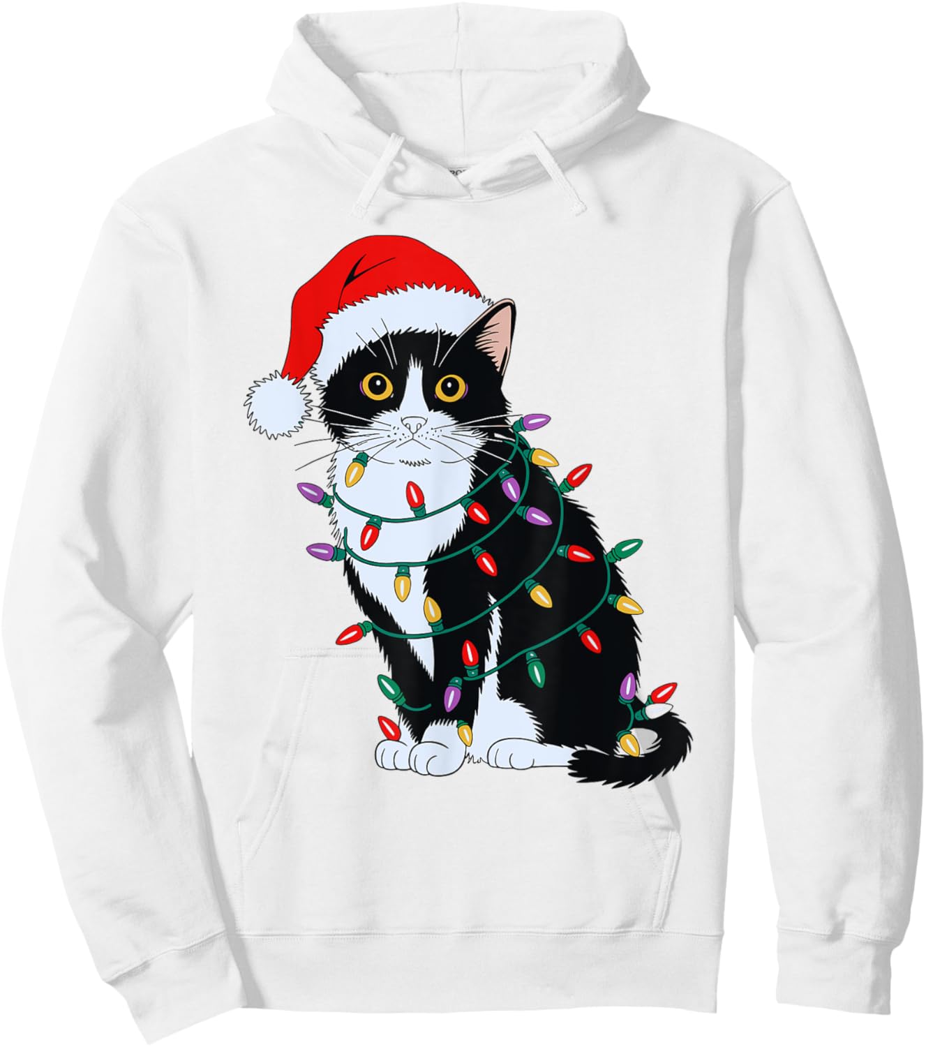 Tuxedo Cat Wearing Santa Hat Christmas Tree Lights Cat Lover Hoodie - Hoodie | White